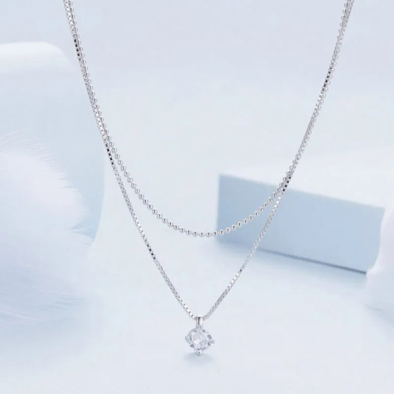 S925 sterling silver double-layer necklace with pearl chain and alloy pendant in silver colour