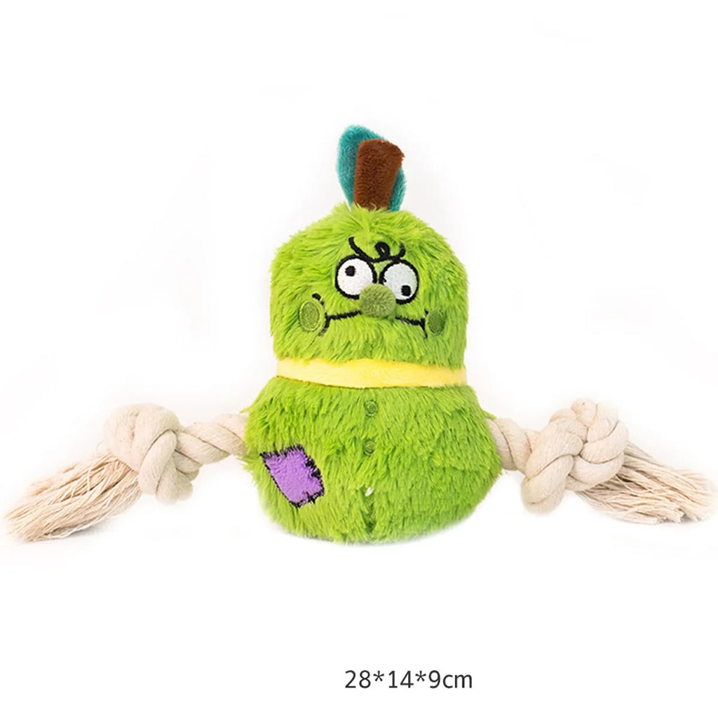 Green interactive dog toy with plush rope knot and white molar tooth chew element