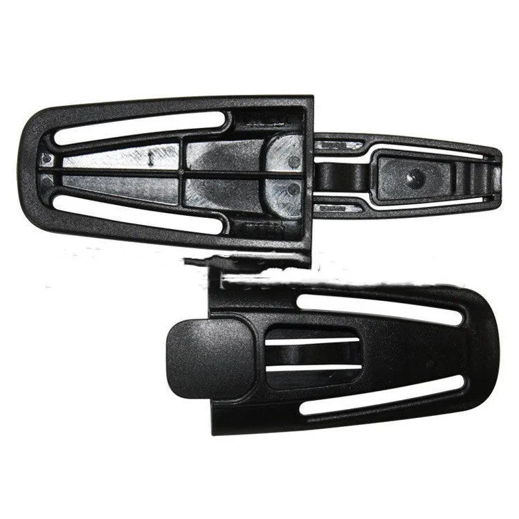 Black nylon child safety seat belt clip buckle measuring 14.5 by 4 centimetres