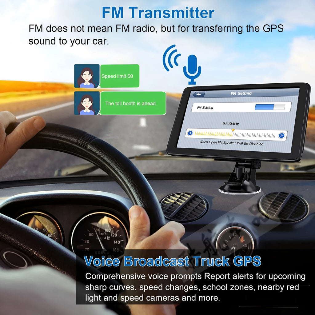 7 inch car GPS navigation device with HD touchscreen display mounted in vehicle