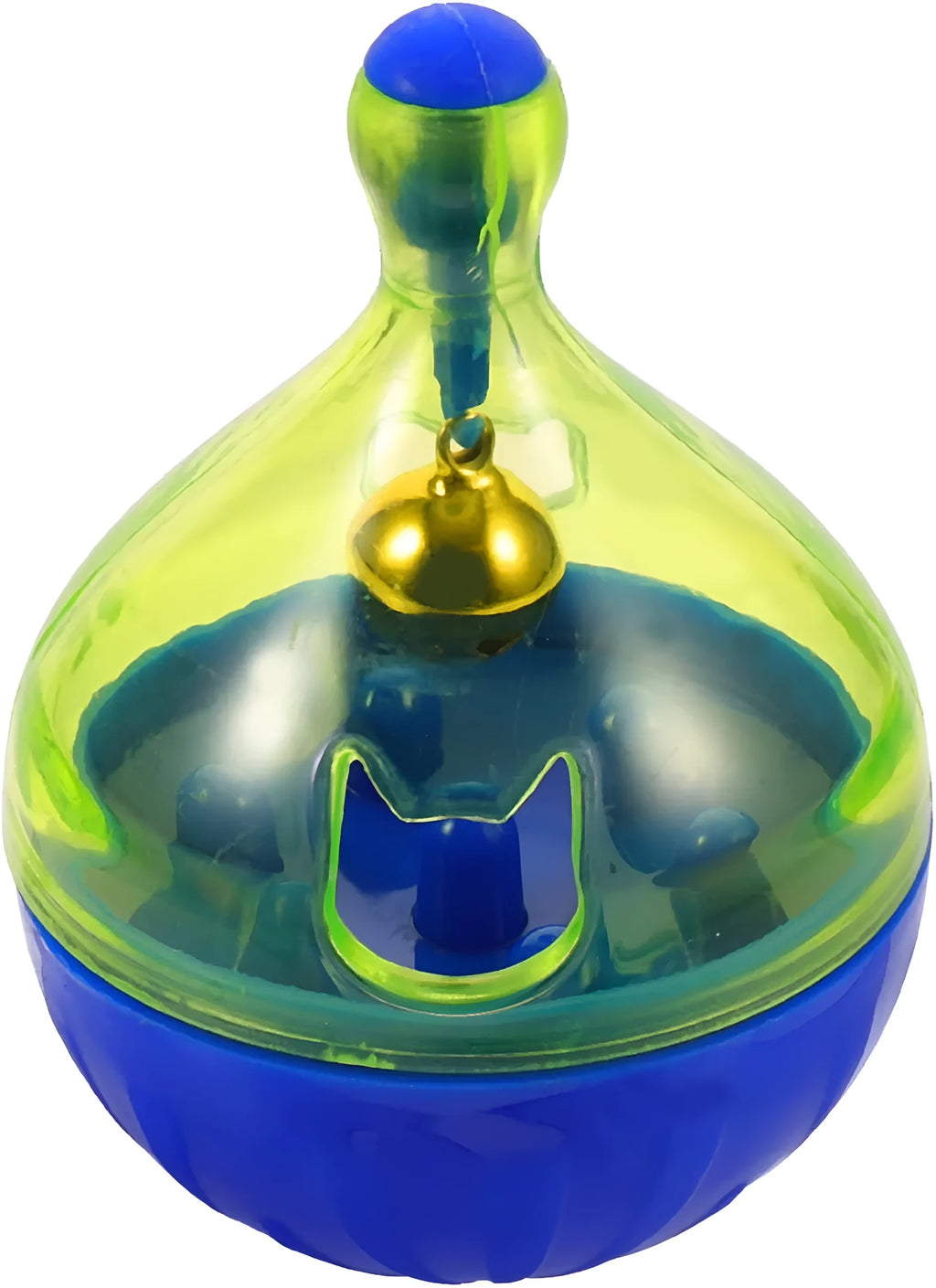 Blue and white durable pet treat dispenser tumbler toy for dogs and cats on a wooden floor.