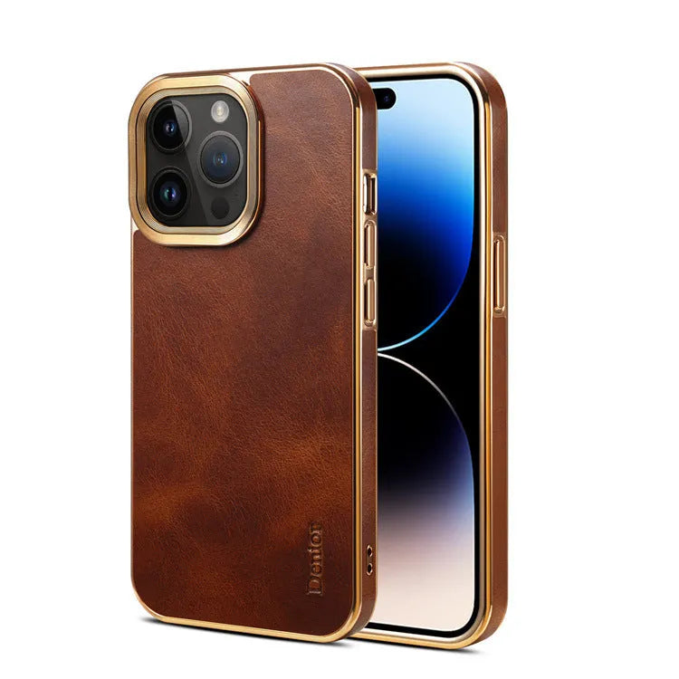 Handmade slim leather protective case for iPhone in black, shown fitted on a phone.
