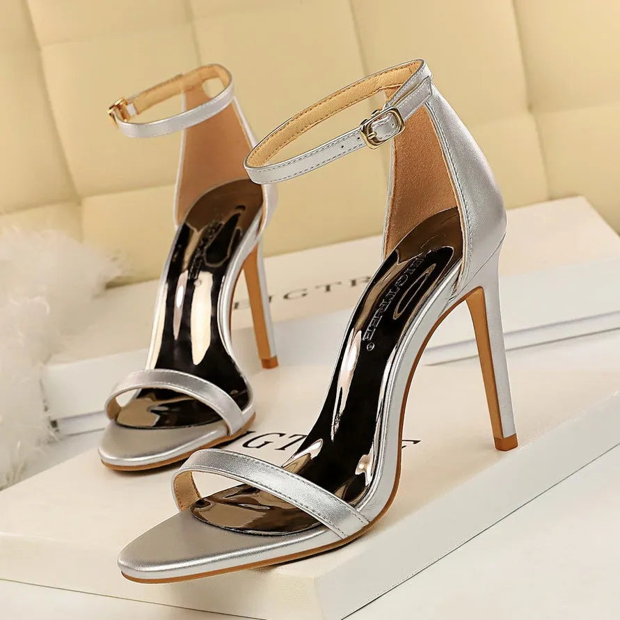 European style women's open toe ankle-strap high heels with buckle fastening in artificial PU