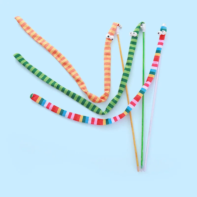 Cat wand toy with polycarbonate pole and plush strip in bright colours for interactive play