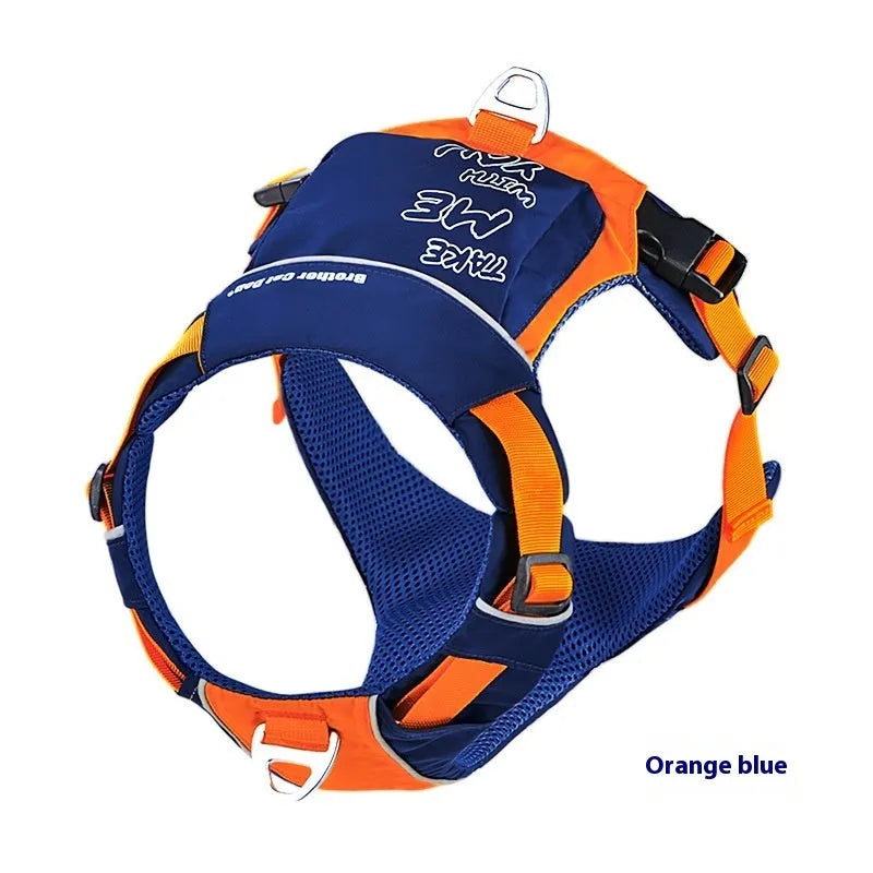Orange blue nylon dog vest harness showing chest strap and back attachment points for secure pet control