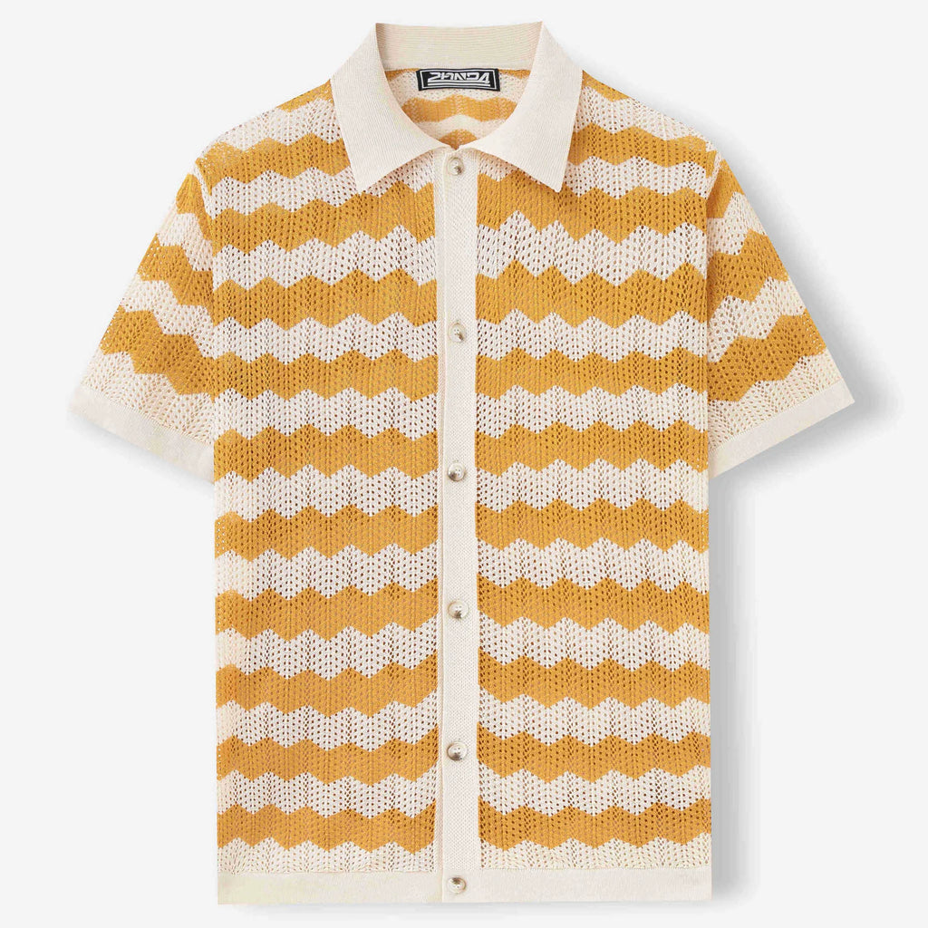 American-style hollow jacquard corrugated short-sleeve sweater in blue, brown, or yellow with flocked detailing.