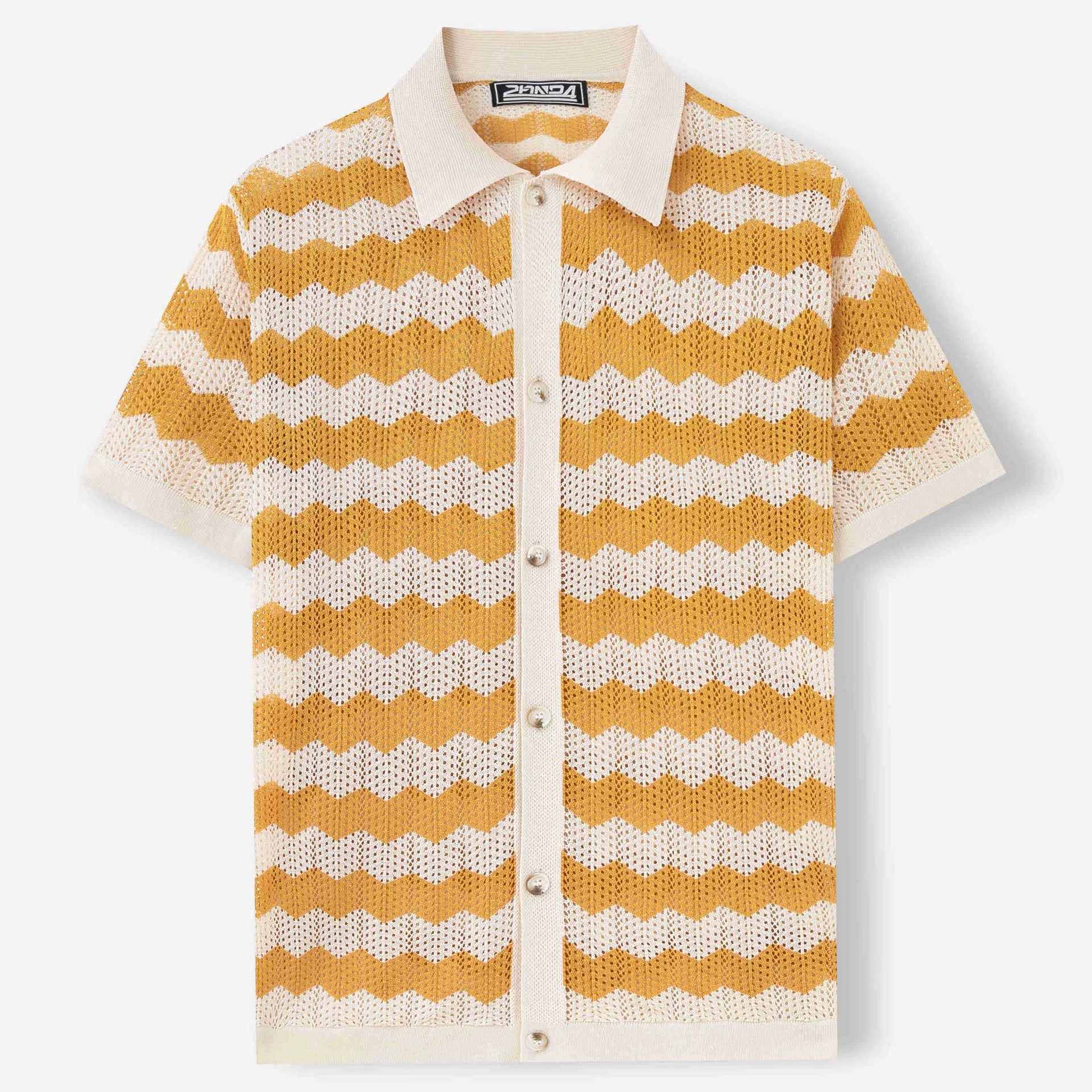 American-style hollow jacquard corrugated short-sleeve sweater in blue, brown, or yellow with flocked detailing.