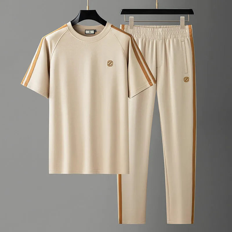 Men's ice silk style short sleeve suit in apricot, black, or blue with matching pants
