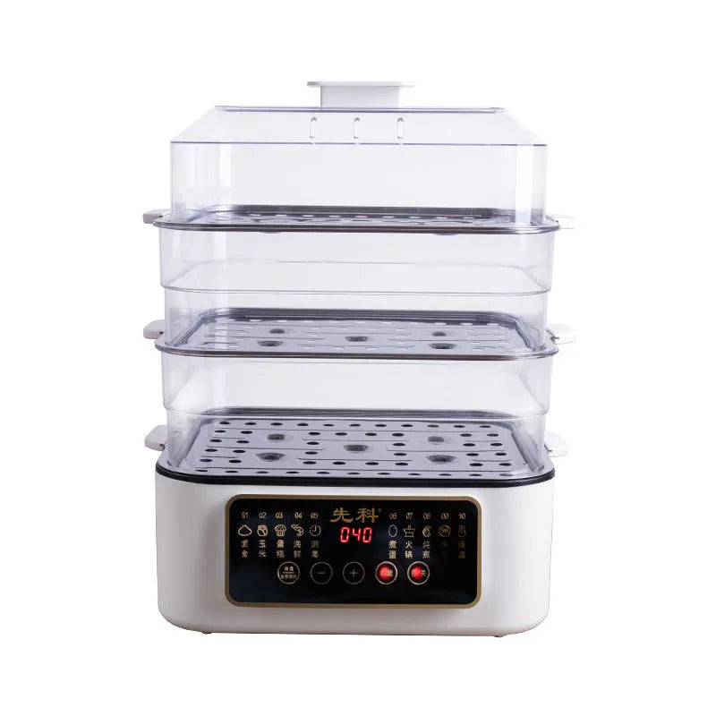 Stainless steel household electric steamer appliance with visible steaming rack and control panel.