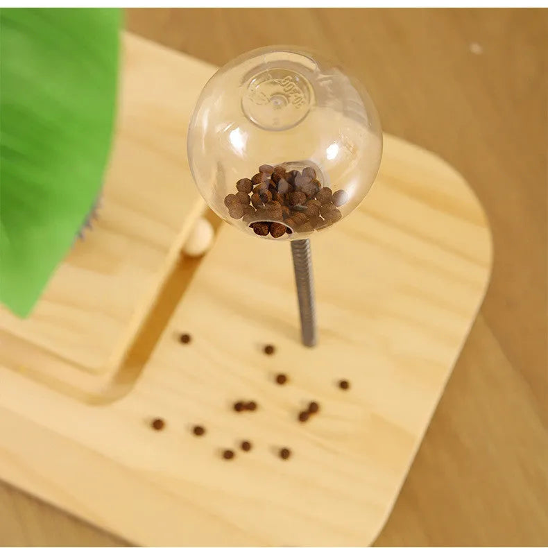 Wooden vertical cat scratching post with canna grab column and food drop ball