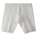 Men's white lace boxer shorts with a mid waist fit on a plain background.