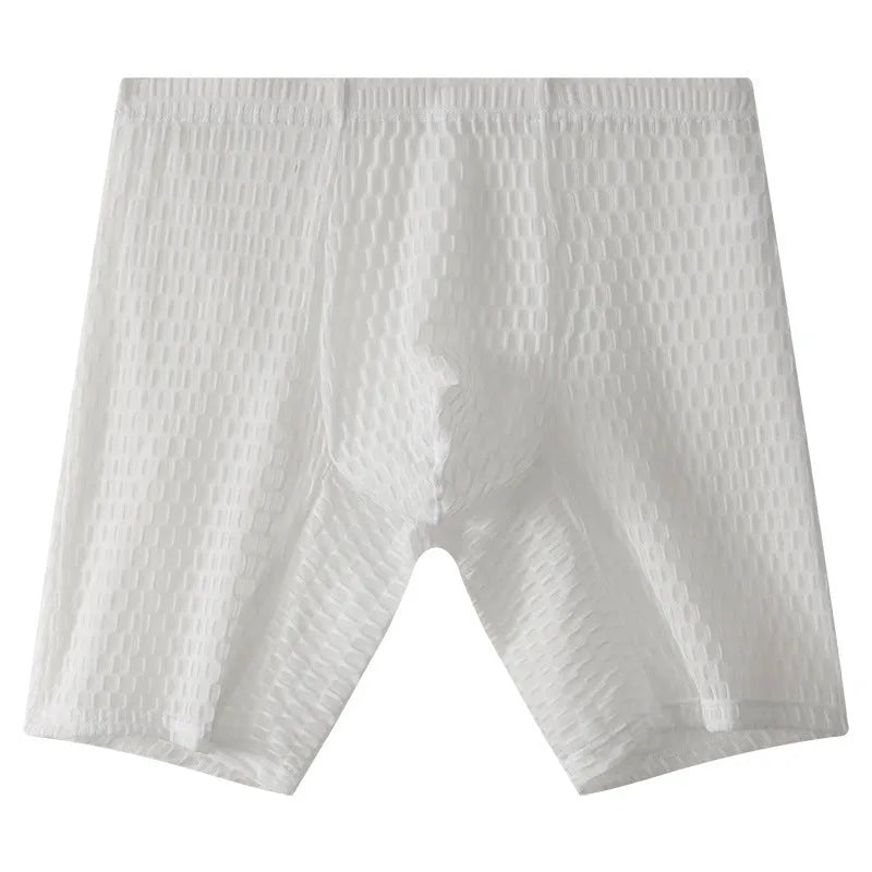 Men's white lace boxer shorts with a mid waist fit on a plain background.