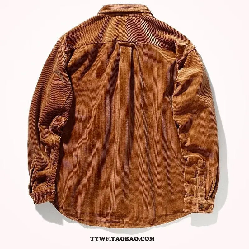 Loose fit corduroy long sleeve shirt in caramel colour with cardigan style design