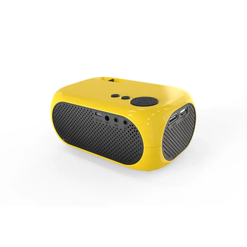 M24 Micro Mini LED Projector in Gold or White colour with power adapter and cables on a table.