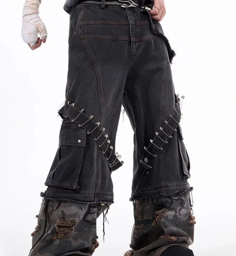 Men's grey cotton denim jeans with camouflage splicing pattern and ribbon detailing