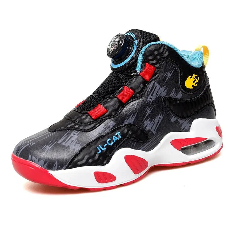 Children's basketball running shoes with rotating button closure in synthetic leather