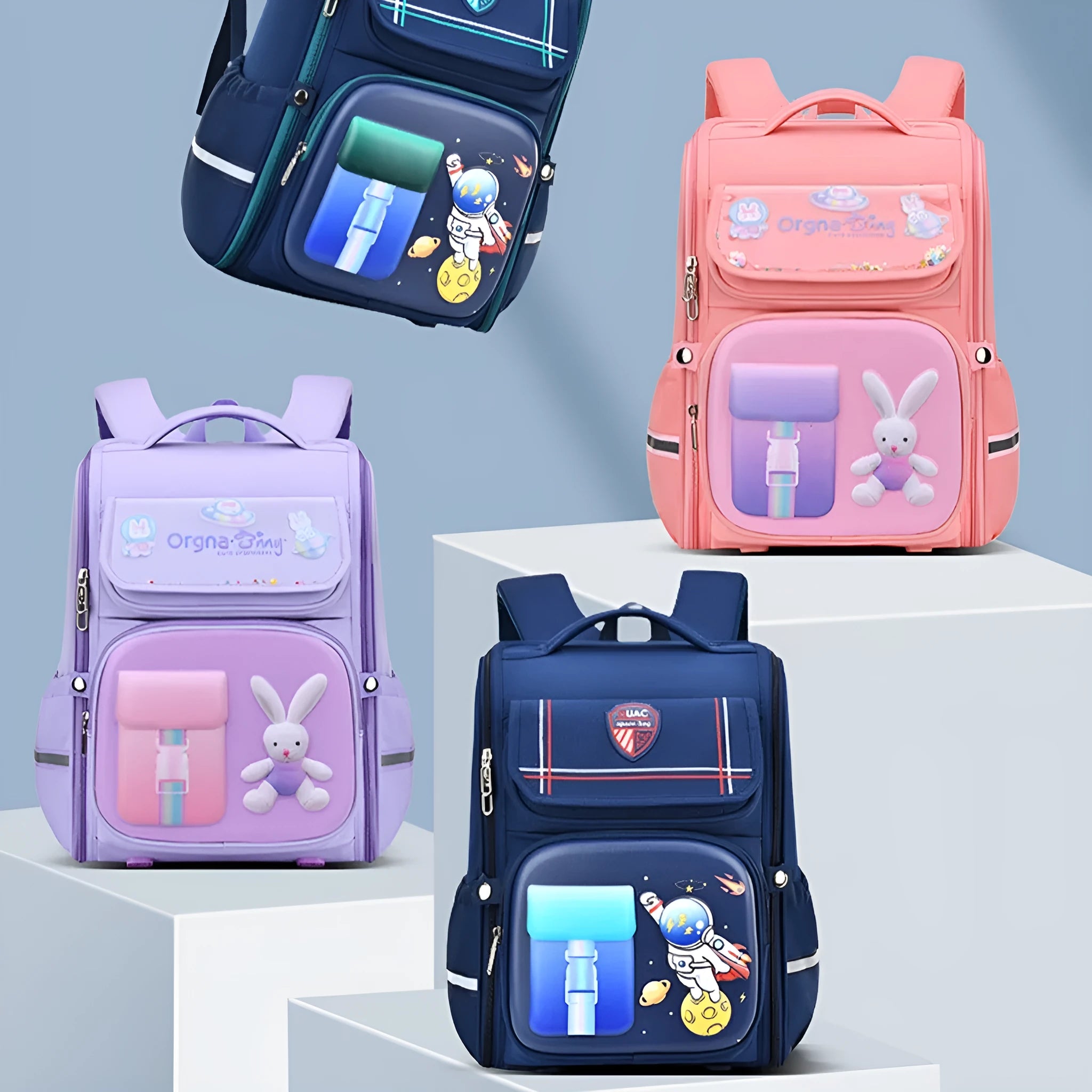 Children's cartoon backpack with spaceman or rabbit design, Oxford cloth material, airpillow straps