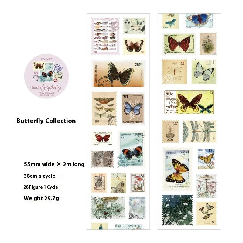 Roll of 55mm wide retro decorative stamp tape for journaling, showing one of four vintage design collections.