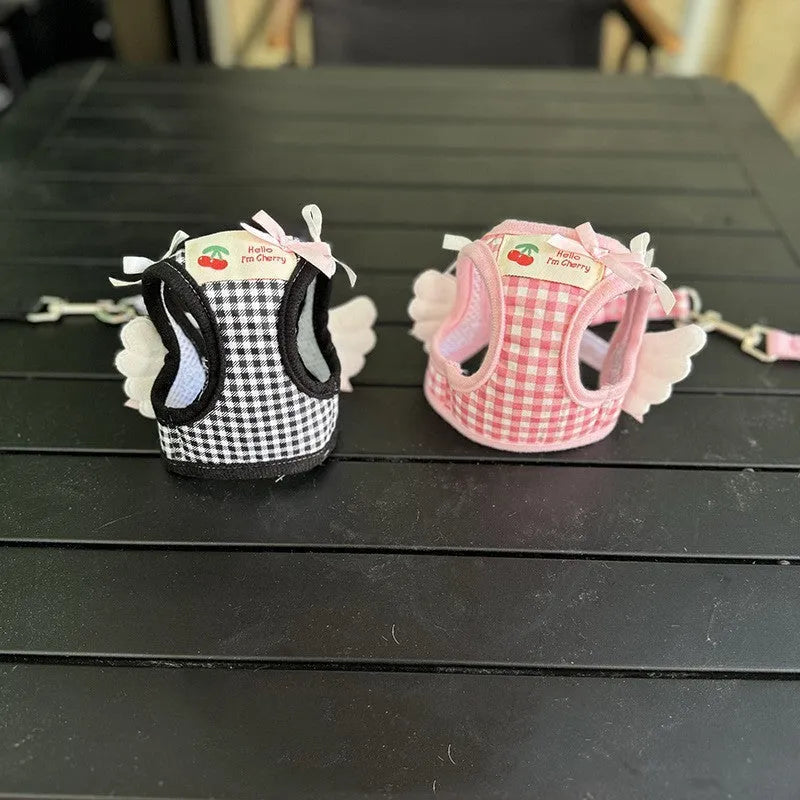 Pink and black cotton chest and back harness for small dogs with hand-holding rope in six sizes