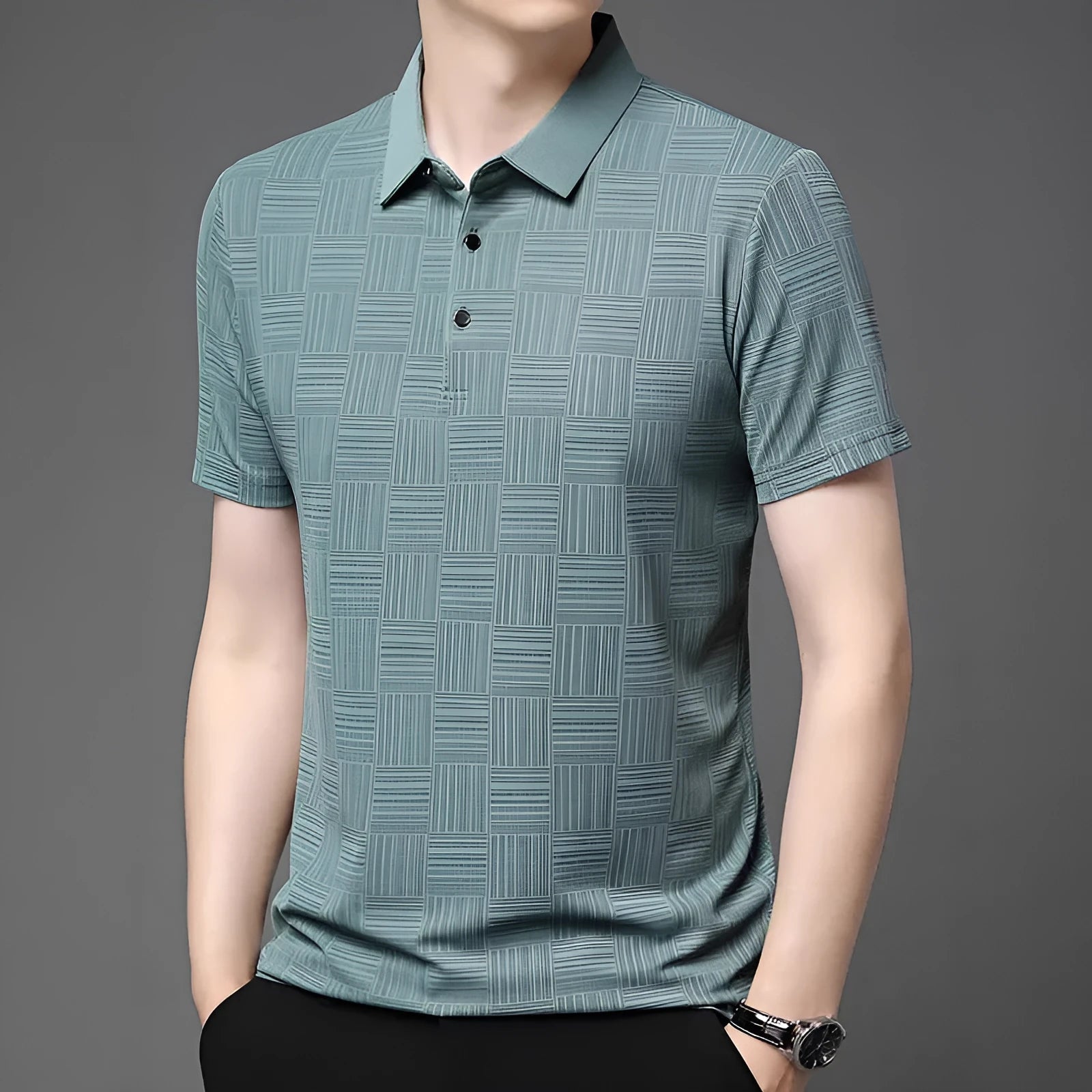 Men's lapel neck slim fit t-shirt in green, showing the casual collar design and lightweight fabric.