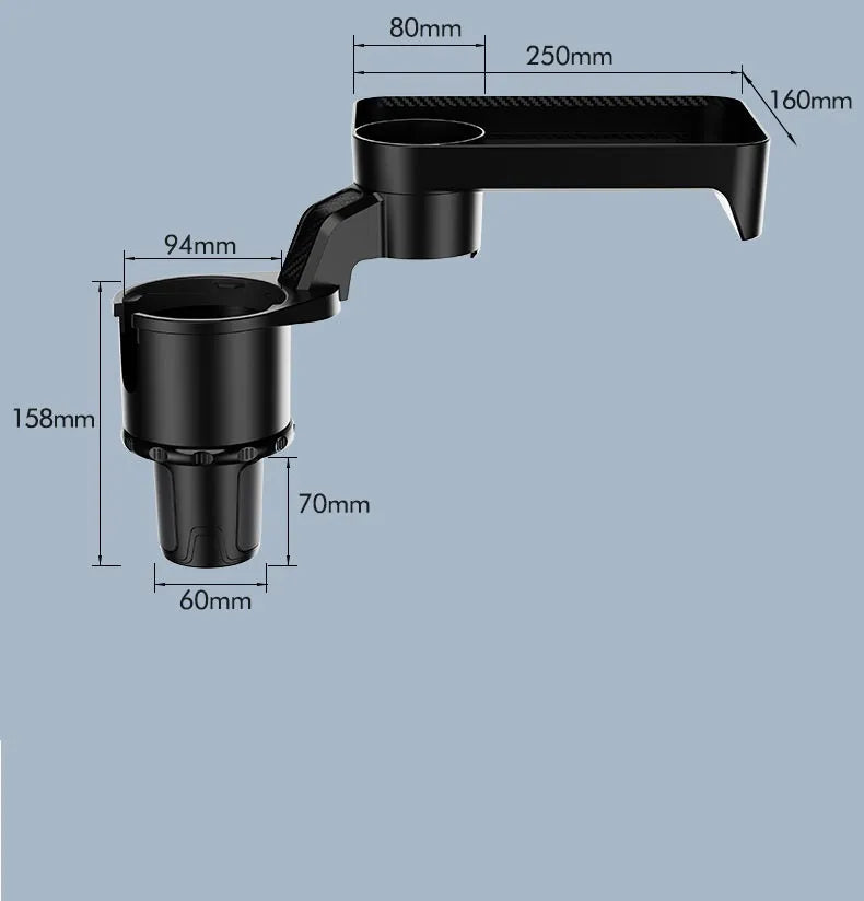 Black ABS rotating car tray holder showing cup holder and dinner plate attachment mounted in vehicle