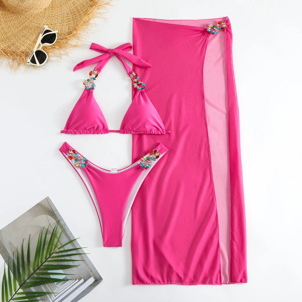 Light diamond solid colour three-piece swimsuit set with a long mesh skirt in rose red or yellow.
