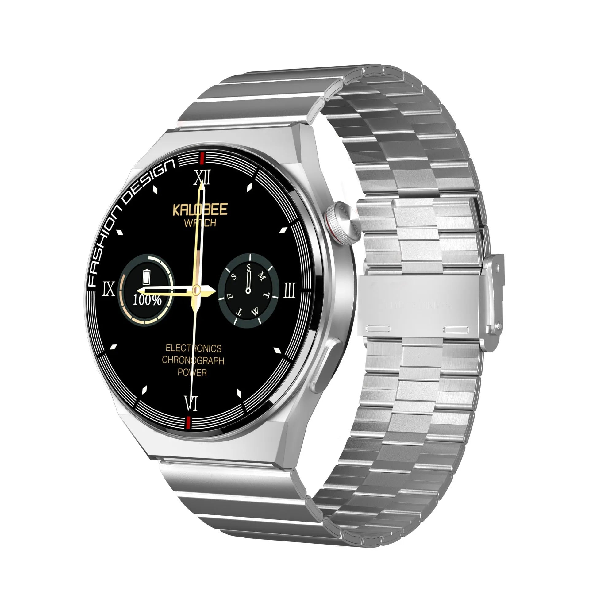 Black smartwatch with 1.28-inch screen on a silicone strap, showing heart rate and time display.