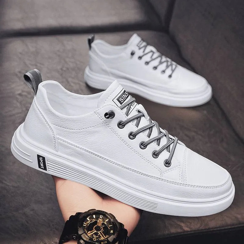 Men's white casual shoes with PU leather upper, round toe and shallow opening