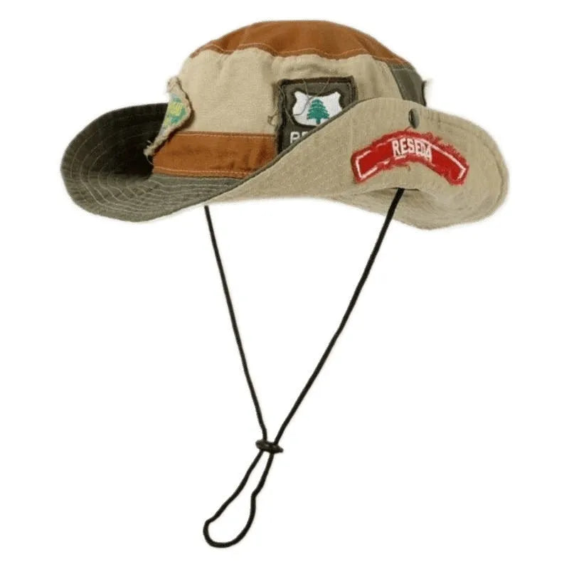 Army green cotton fisherman hat with flat top crown and patchwork hand-painted design