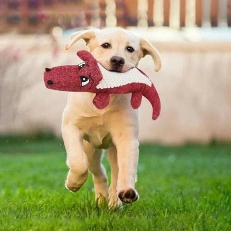 Blue, green, and red plush pet toys with corn grid texture and biting sound feature
