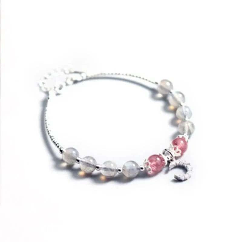 Natural moonstone adjustable bracelet with crescent moon charm showing 6mm bead and silver extension chain