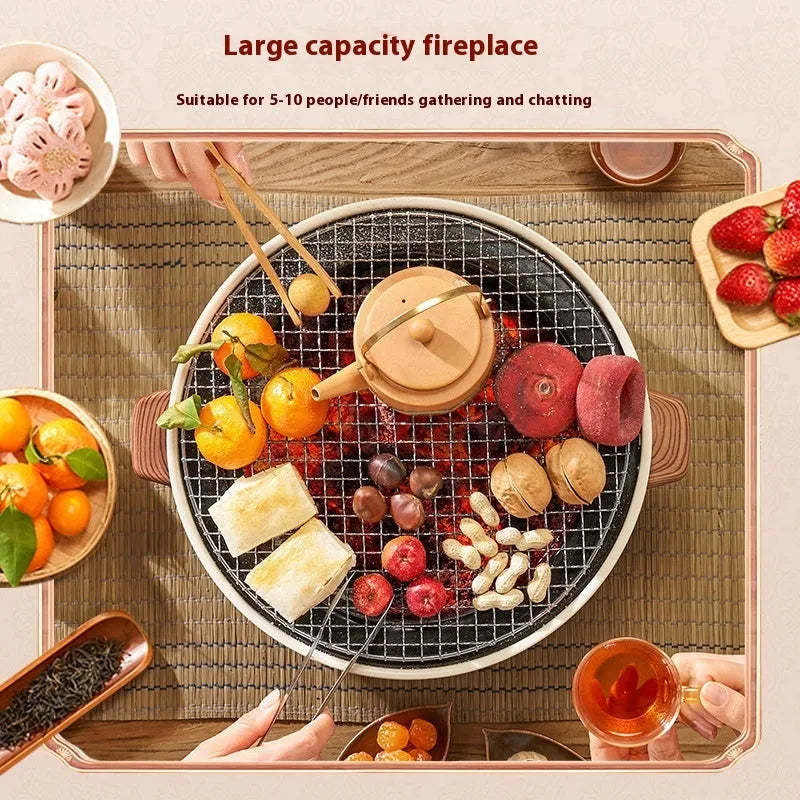 Portable charcoal indoor cooking stove with grill rack disk for tea preparation and barbecue