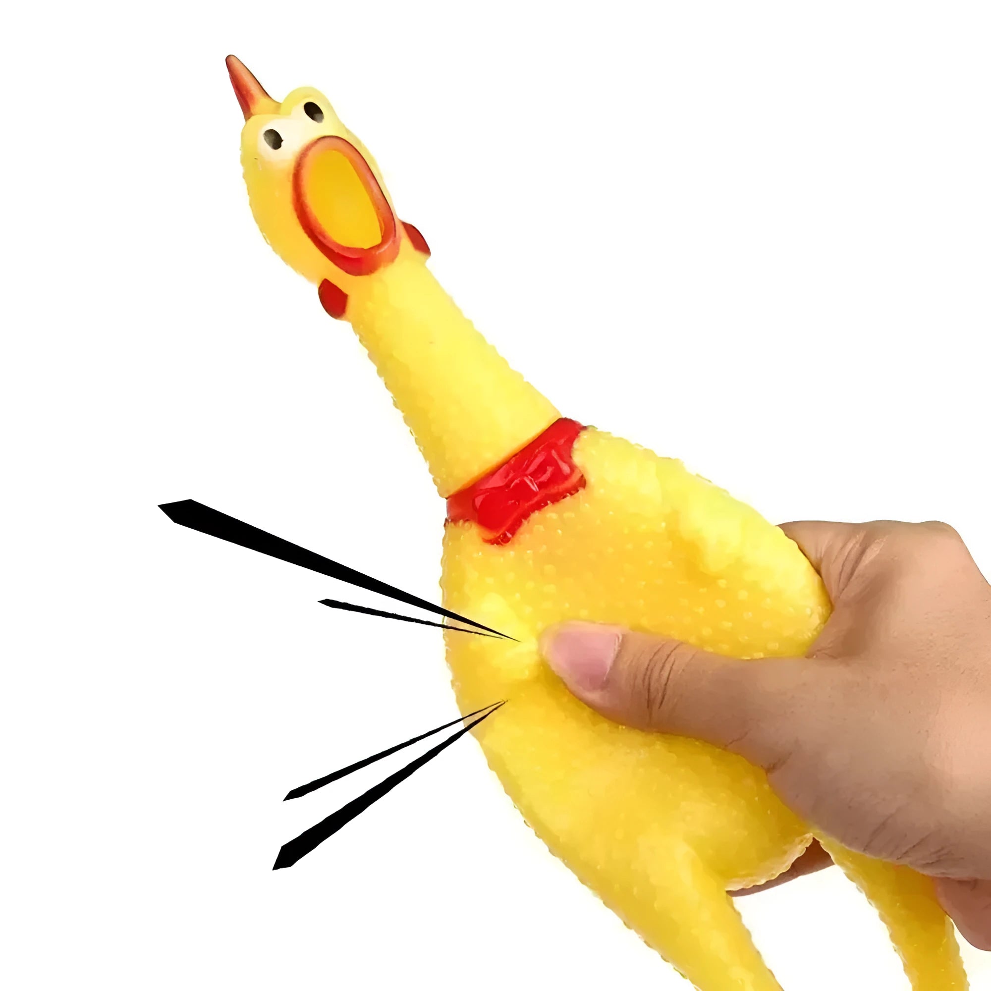 Yellow rubber screaming chicken dog squeaky toy shown in three sizes