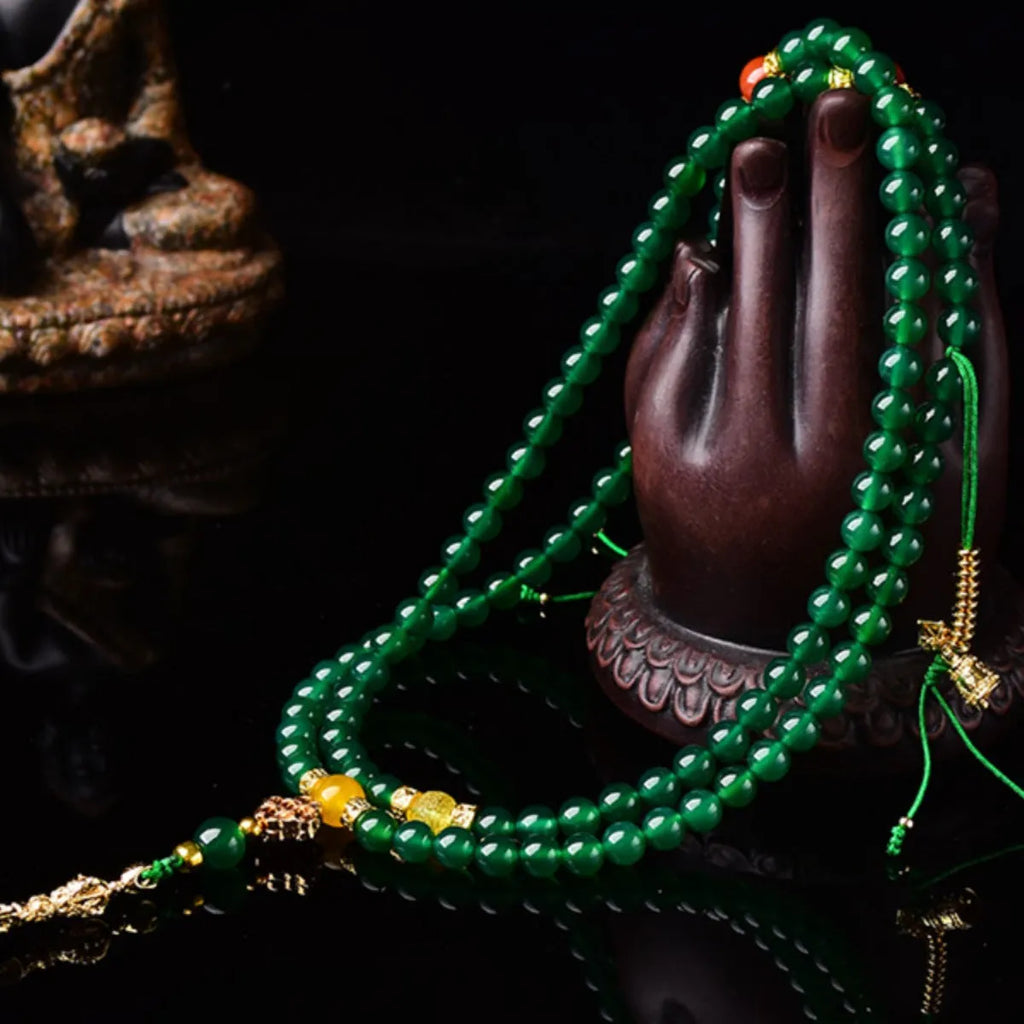 Brazil natural green agate multi-circle bracelet shown in hand, with certificate.