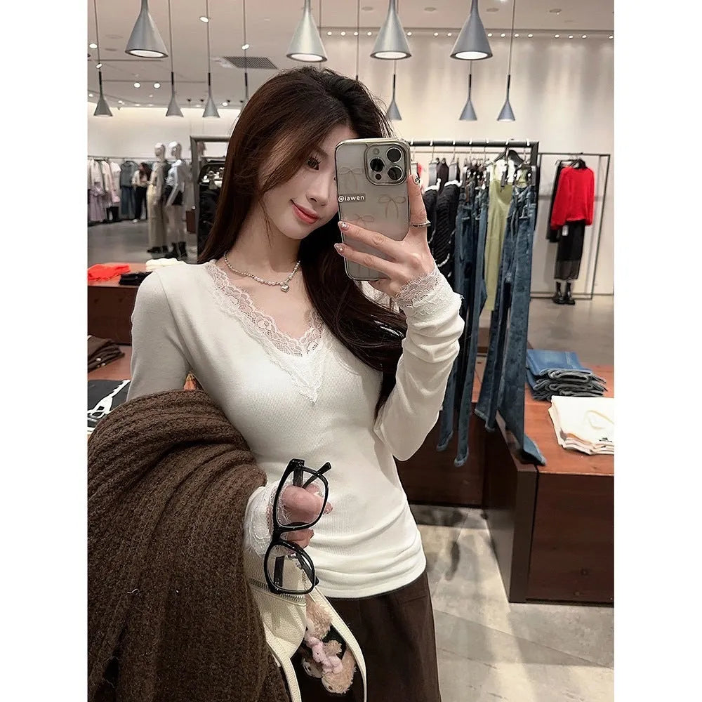 Women white V-neck long sleeve top with lace stitching in polyester knit slim fit