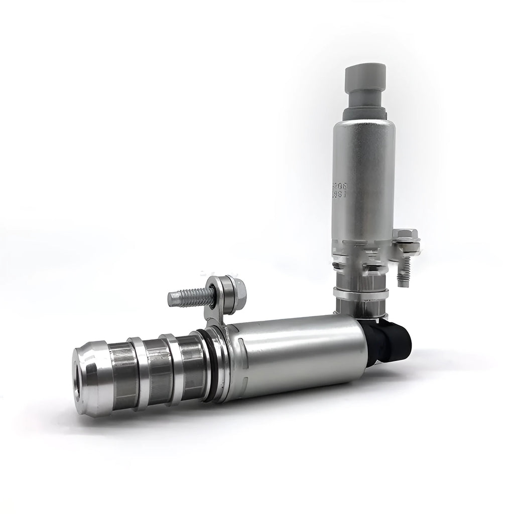 Pair of oil control VVT solenoid valves for Buick and Chevrolet vehicles on a white background.