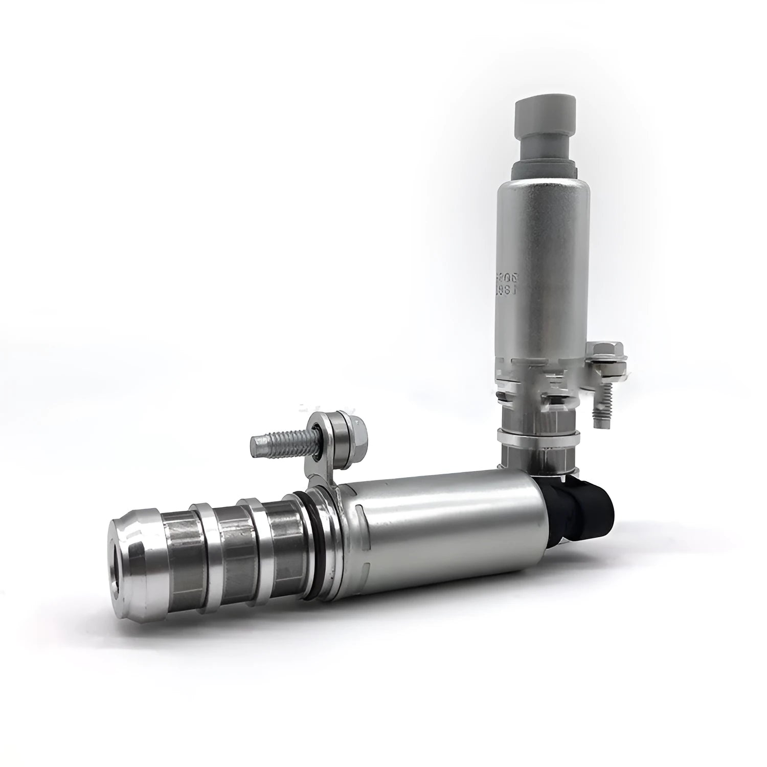 Pair of oil control VVT solenoid valves for Buick and Chevrolet vehicles on a white background.