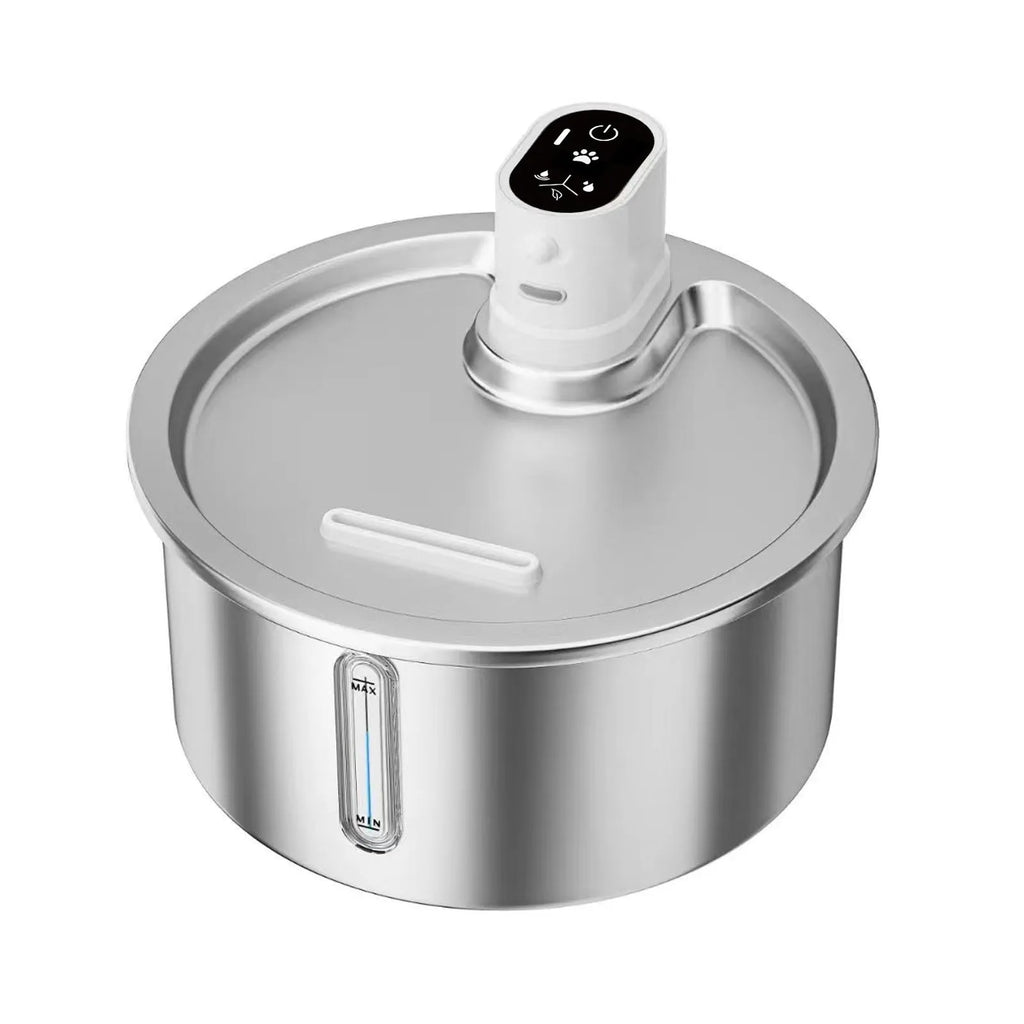 White pet water fountain with stainless steel bowl and digital temperature control display