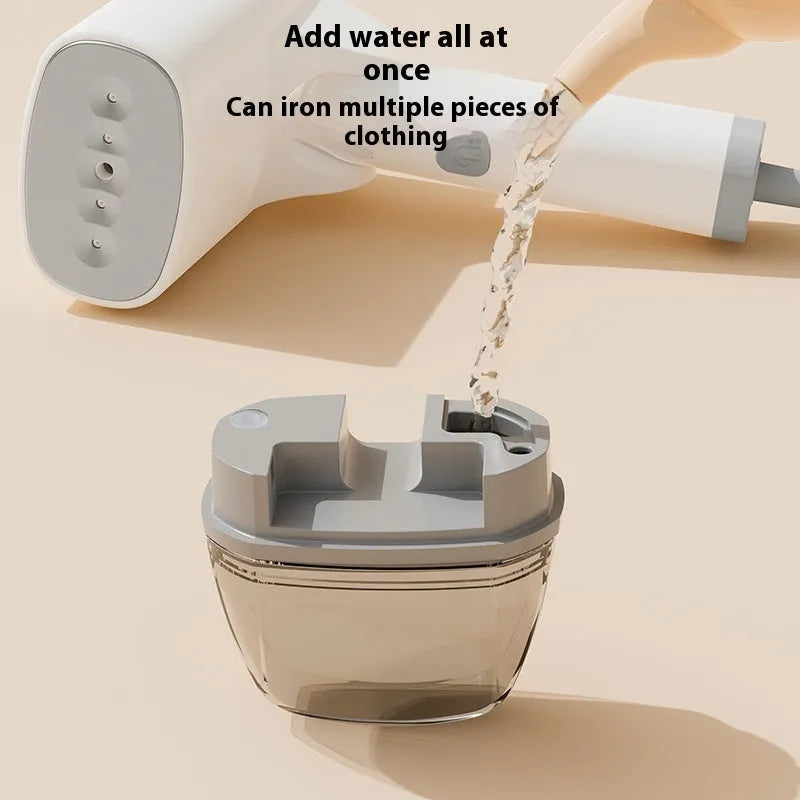 Blue and white handheld garment steamer with hanging mechanism and 1300W power rating