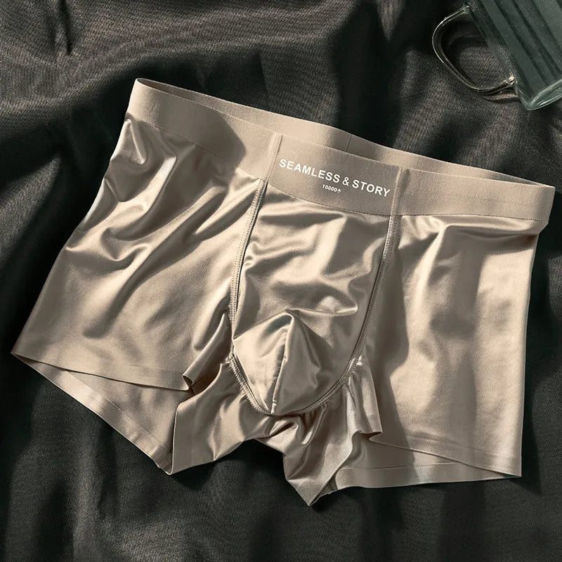 Men's ice silk underwear set in a solid colour showing mid-waist traceless design.