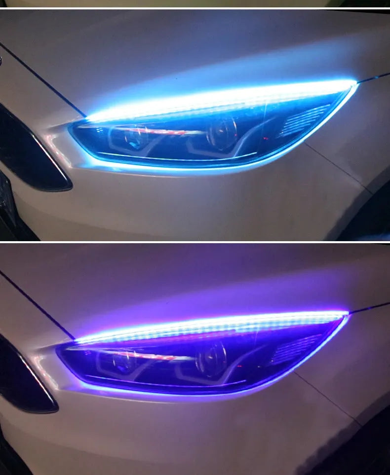 Universal car LED daytime running light strip with remote control for RGB colours, shown in 30cm, 45cm, and 60cm lengths.