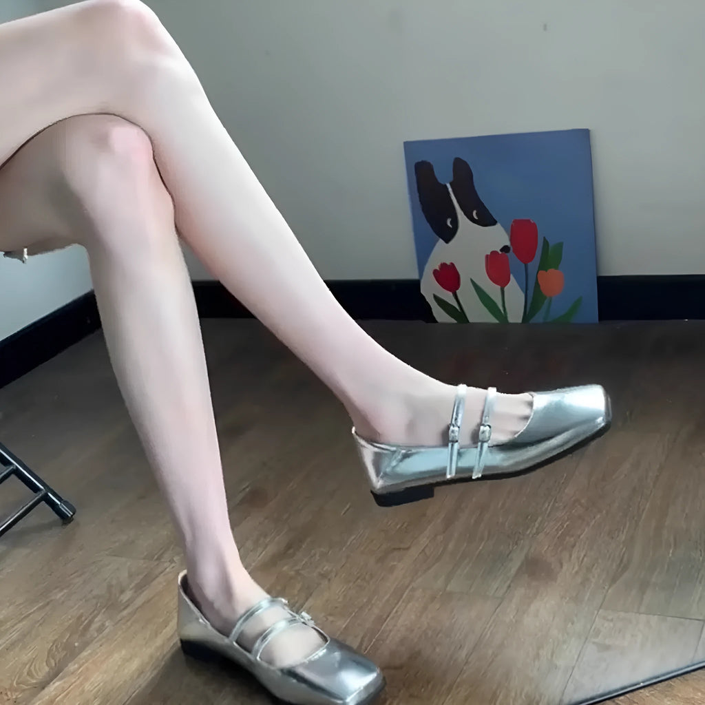 Women's silver leather ballet flats with cross buckle strap and round toe