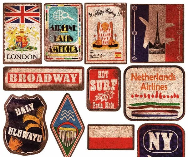 36 retro beach stickers in sizes 6cm to 10cm with matte finish on PVC material