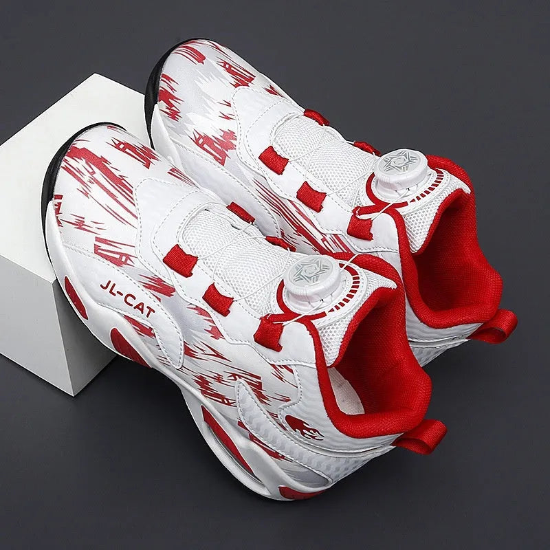 Children's basketball running shoes with rotating button closure in synthetic leather