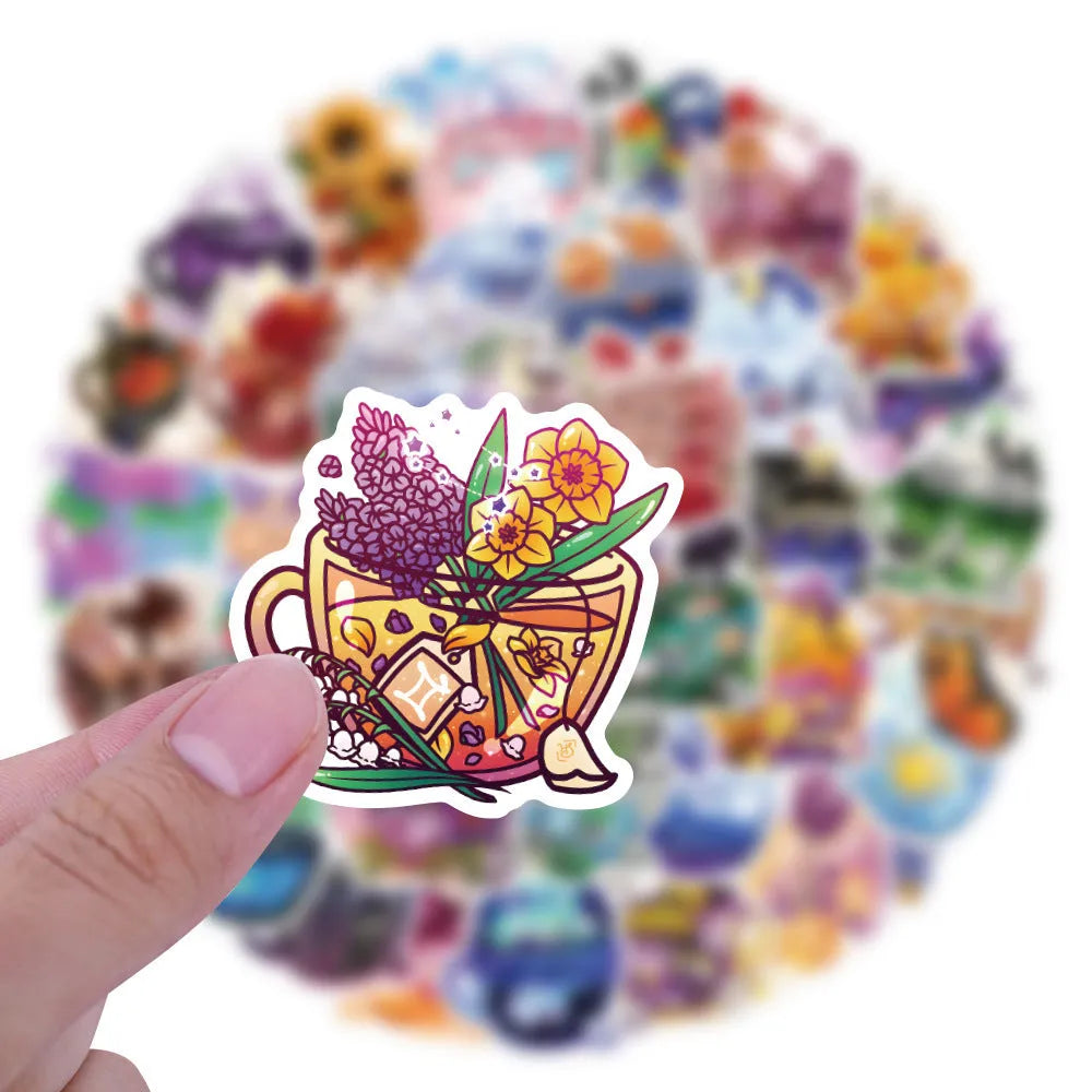 Set of 50 colourful tea cup graffiti waterproof stickers for scooter and luggage DIY decoration.