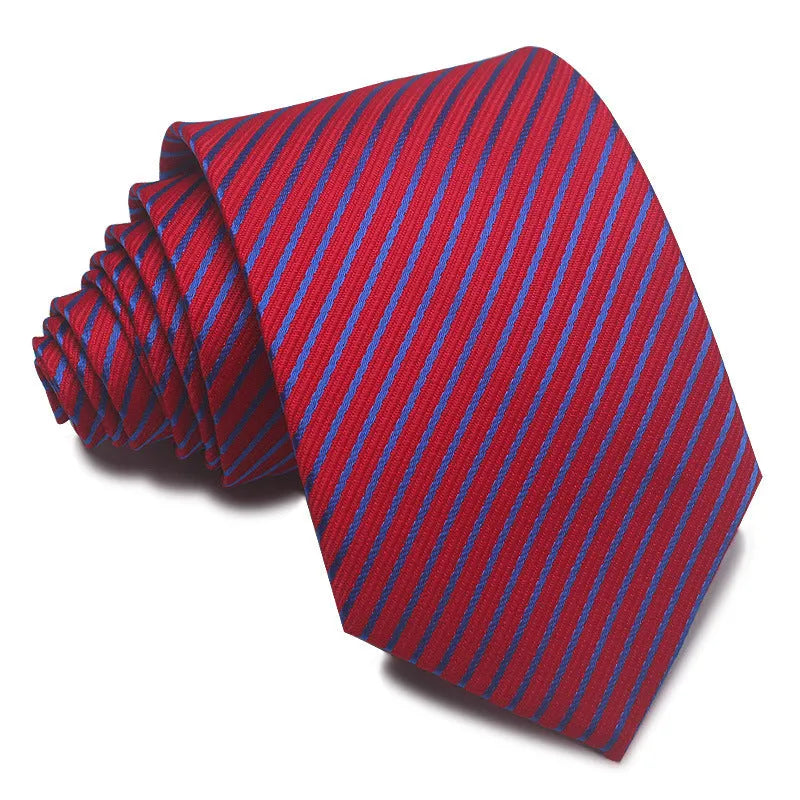 Men's red, black, and blue striped jacquard tie with an arrow shape and 8cm width.