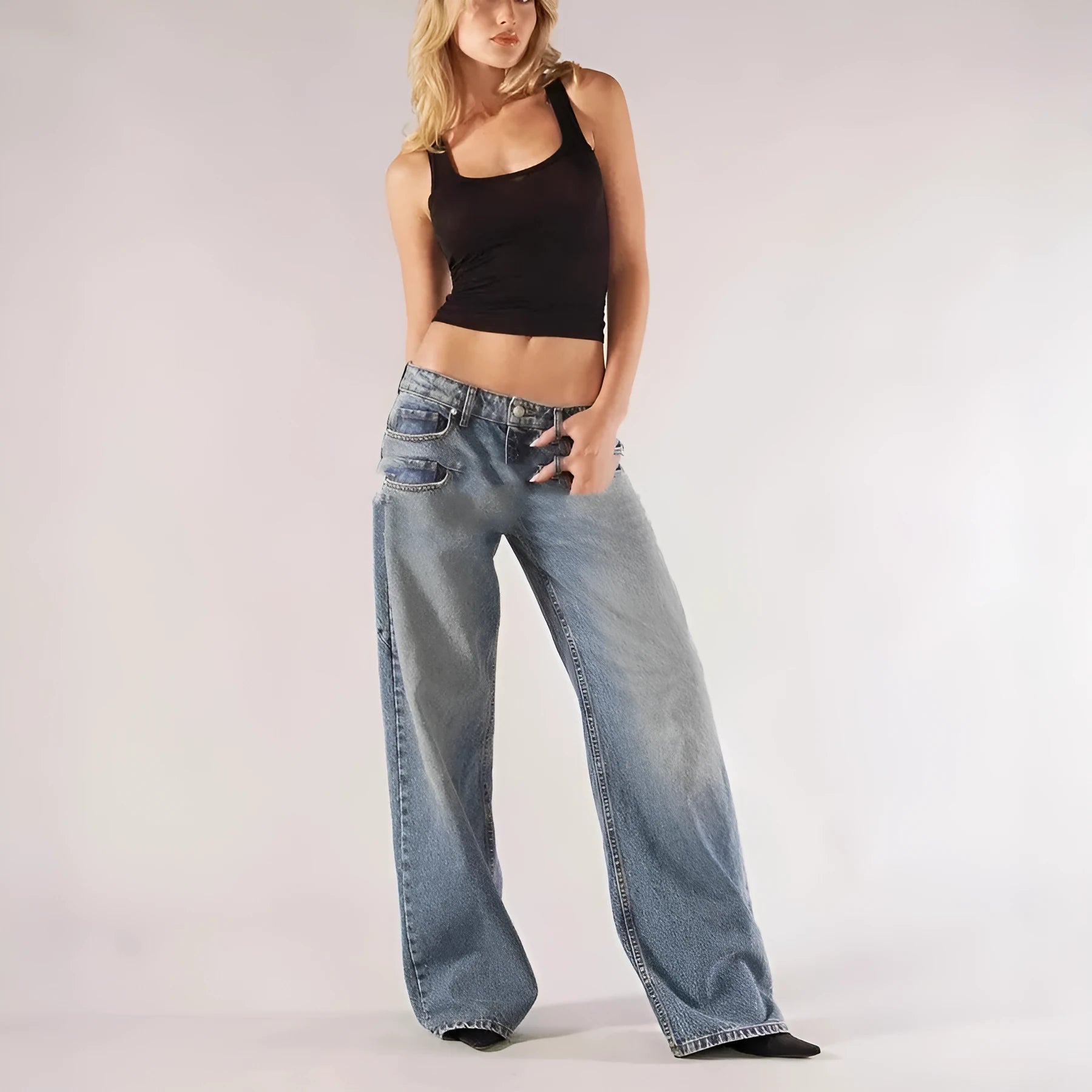 Women's blue cotton loose straight wide leg mop trousers with low-waist stitching design laid flat