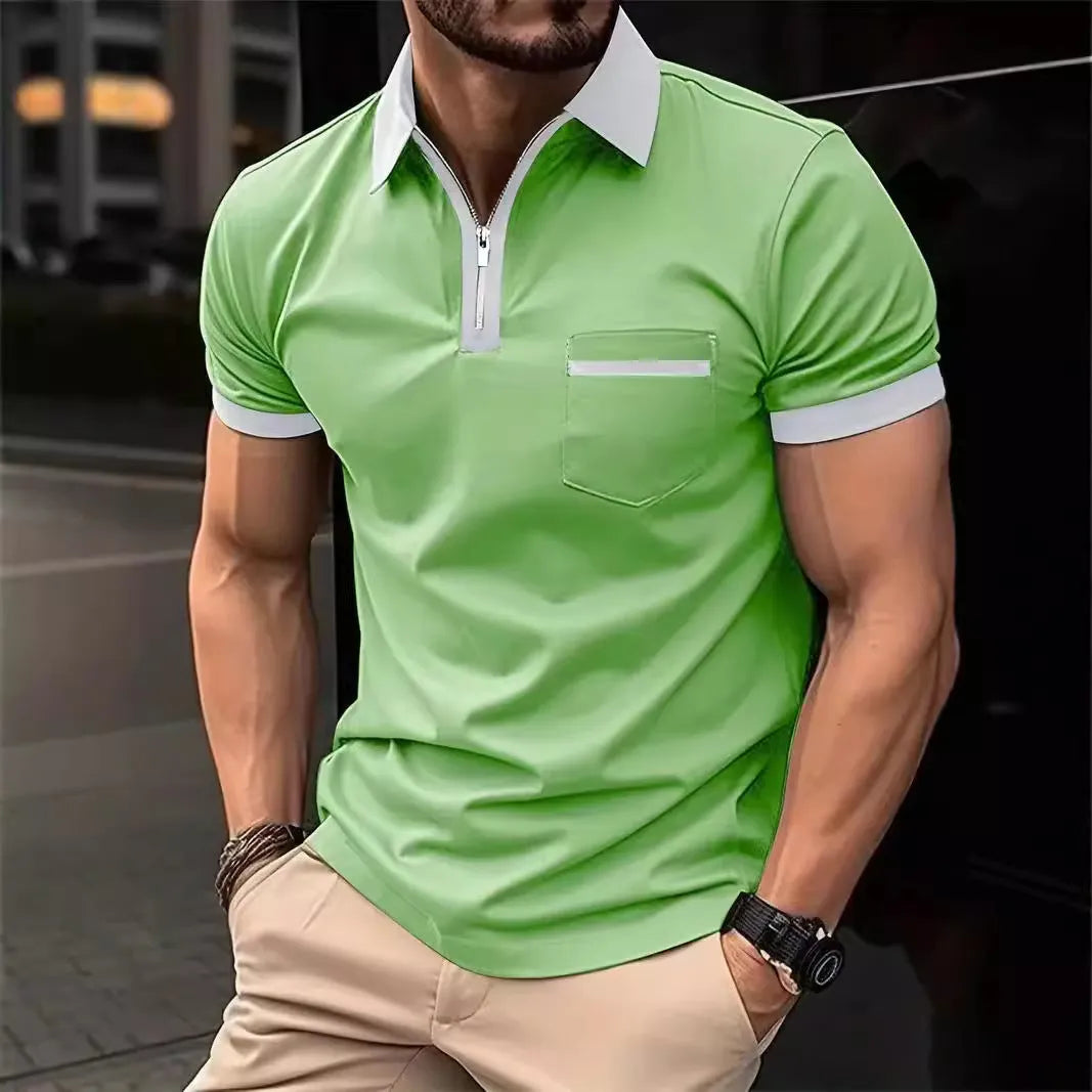 Man wearing a loose-fit casual short sleeve shirt with a chest pocket and zipper decoration.