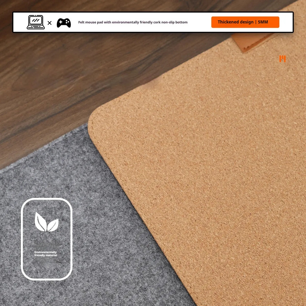 Oversized grey felt cork desk mat with non-slip backing shown on office desk