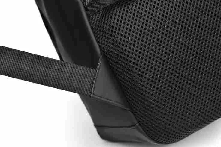 Men's large waterproof PU backpack in black, blue, or grey showing sewing thread details
